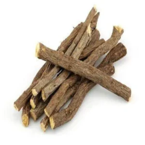 Premium Sri Lankan Licorice Root Powder in glass jar with dried licorice roots on wooden background