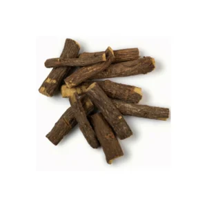 Premium Sri Lankan Licorice Root Powder in glass jar with dried licorice roots on wooden background