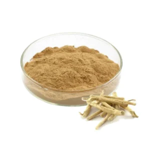 Premium Sri Lankan Ashwagandha root powder in glass jar with dried roots on rustic wooden table