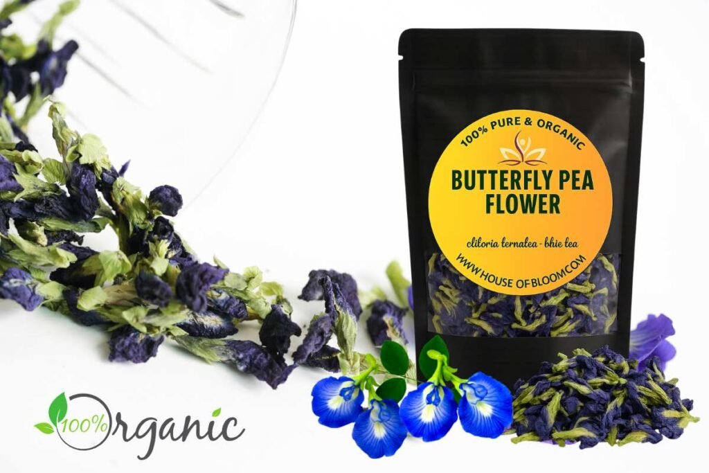 Blue Butterfly Pea Flower color-changing herbal tea in glass cup